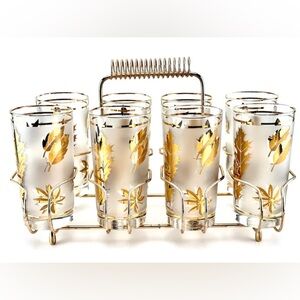 Libbey Frosted Gold Foliage Highball Glasses in Brass Carrier, MCM Barware VTG
